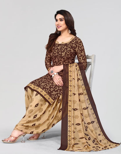 Brown Printed Unstitched Salwar Suit Material