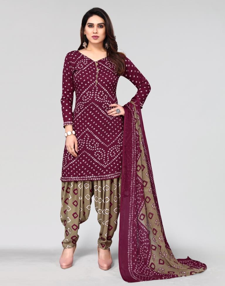 Wine Printed Unstitched Salwar Suit Material