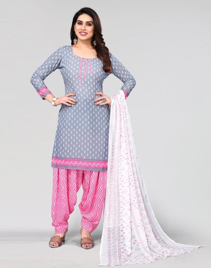 Grey Printed Unstitched Salwar Suit Material