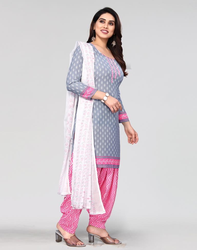 Grey Printed Unstitched Salwar Suit Material