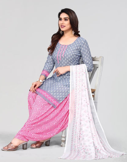 Grey Printed Unstitched Salwar Suit Material