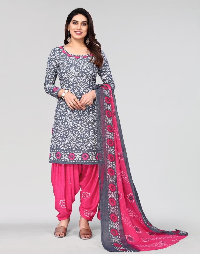 Grey Printed Unstitched Salwar Suit Material