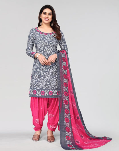 Grey Printed Unstitched Salwar Suit Material