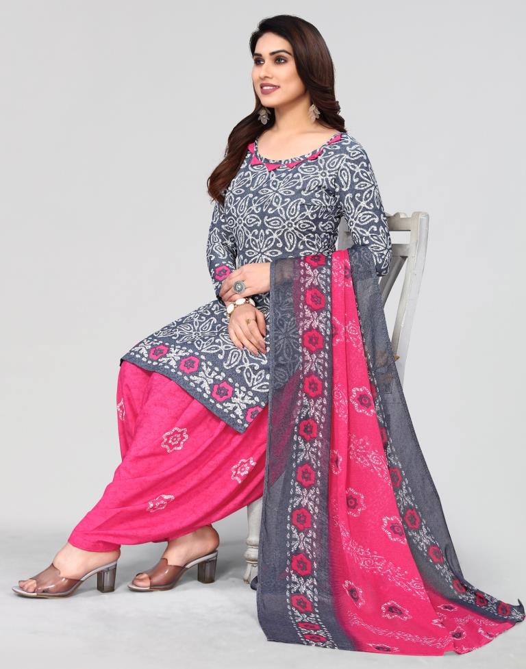 Grey Printed Unstitched Salwar Suit Material