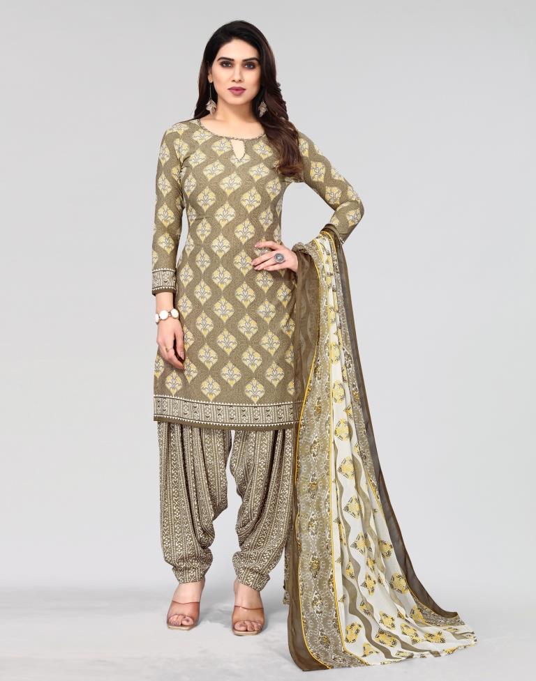 Light Brown Printed Unstitched Salwar Suit Material