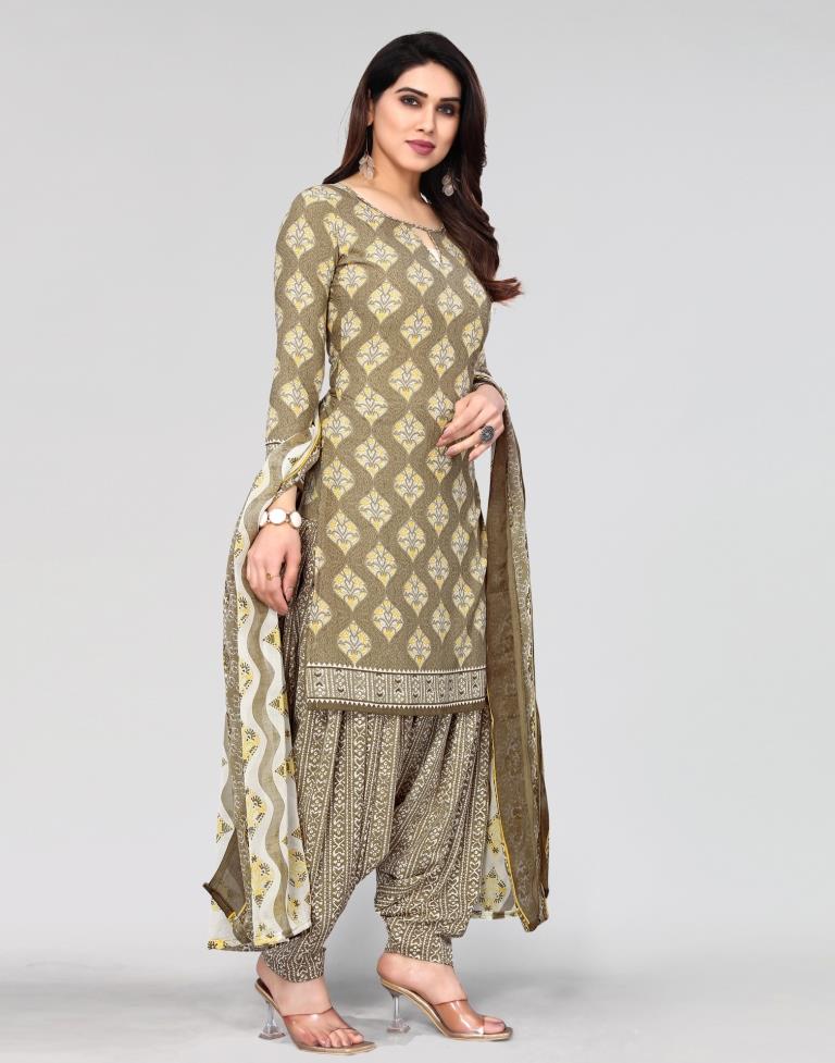 Light Brown Printed Unstitched Salwar Suit Material