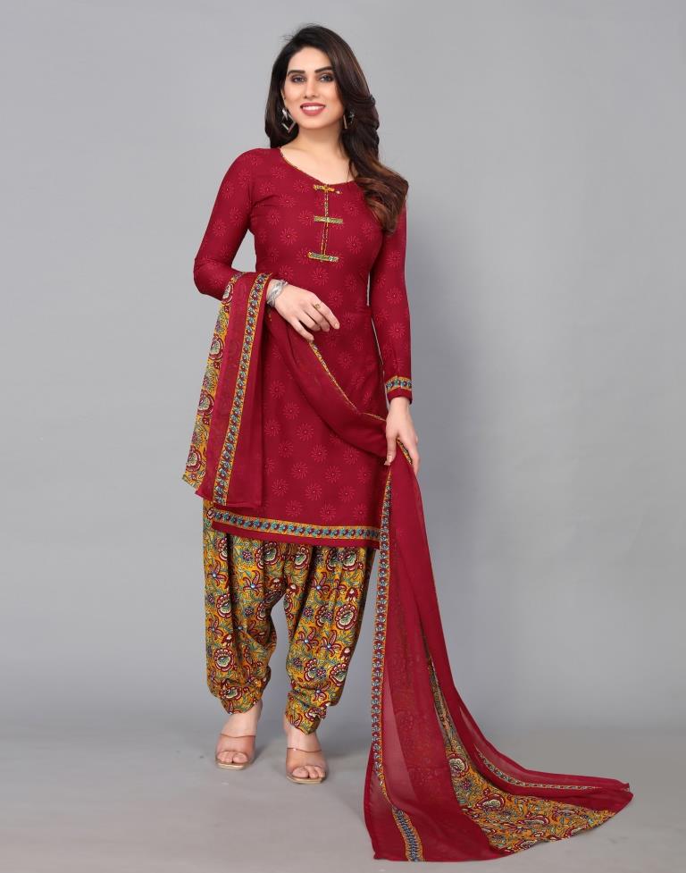 Maroon Printed Unstitched Salwar Suit Material