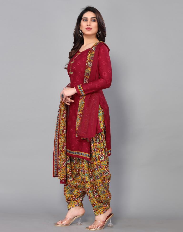 Maroon Printed Unstitched Salwar Suit Material