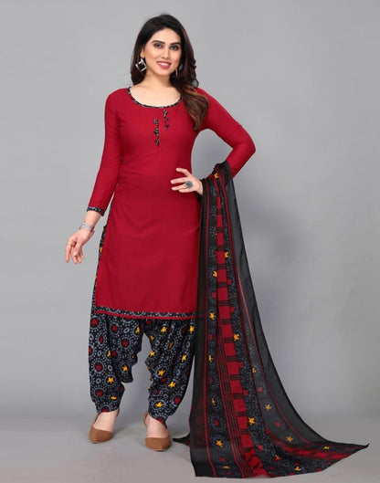 Dark Red Printed Unstitched Salwar Suit Material