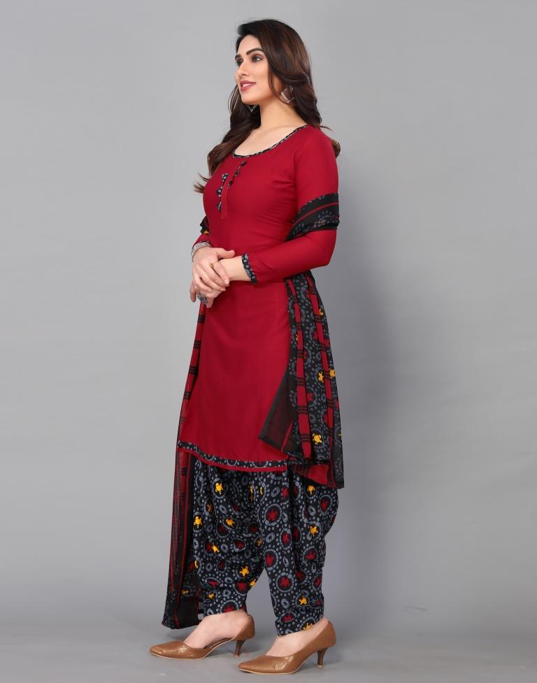 Dark Red Printed Unstitched Salwar Suit Material