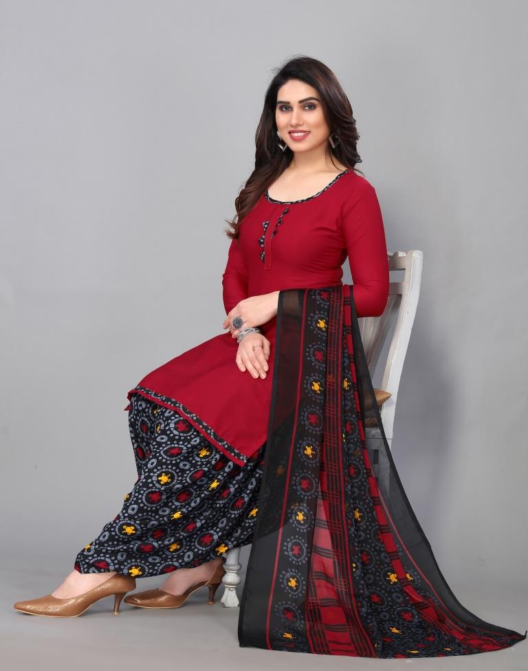 Dark Red Printed Unstitched Salwar Suit Material