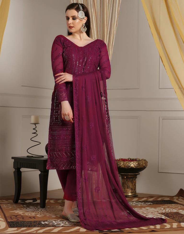 Maroon Plain Georgette Unstitched Salwar Suit Material