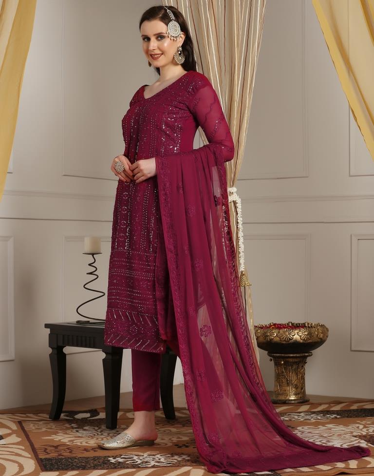 Maroon Plain Georgette Unstitched Salwar Suit Material