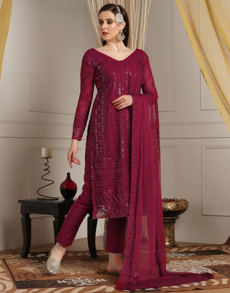 Maroon Plain Georgette Unstitched Salwar Suit Material