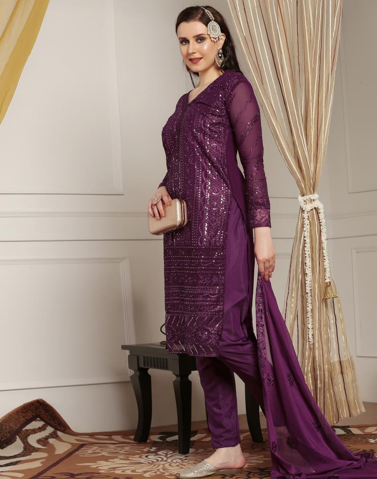 Wine Plain Georgette Unstitched Salwar Suit Material