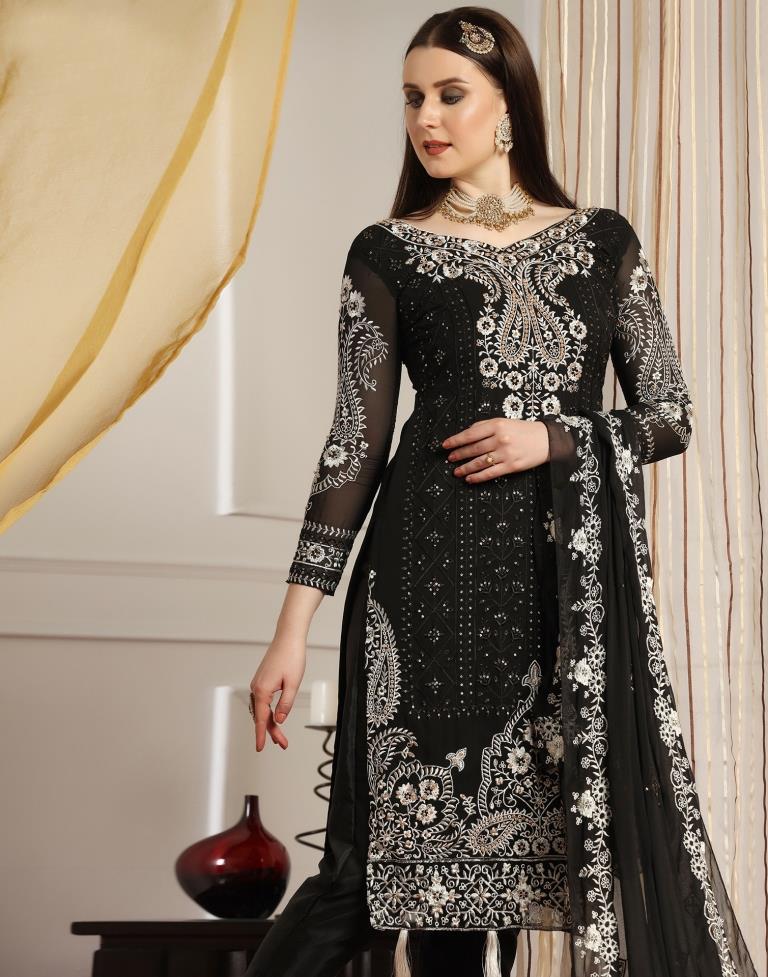 Black Plain Georgette Unstitched Salwar Suit Material