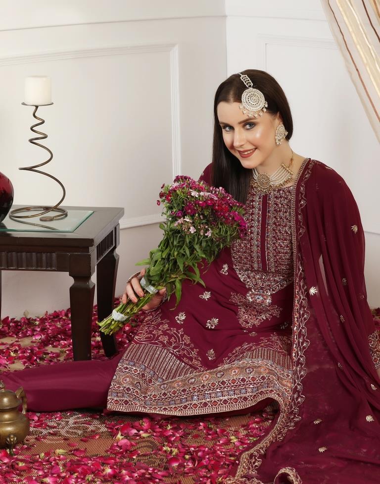 Maroon Plain Georgette Unstitched Salwar Suit Material