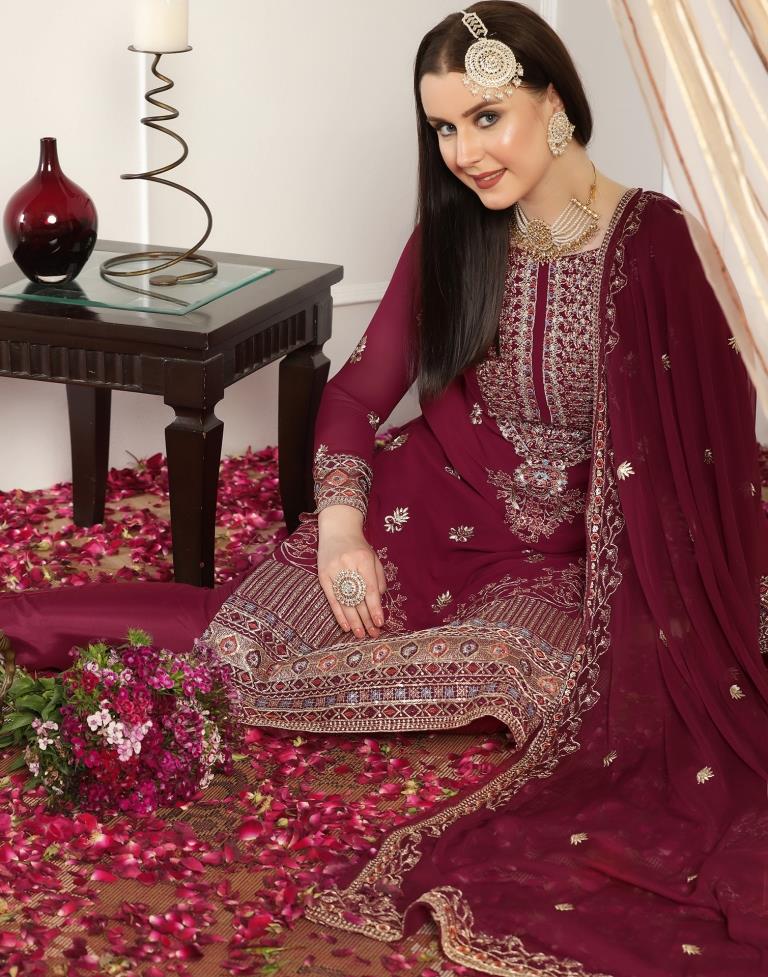 Maroon Plain Georgette Unstitched Salwar Suit Material