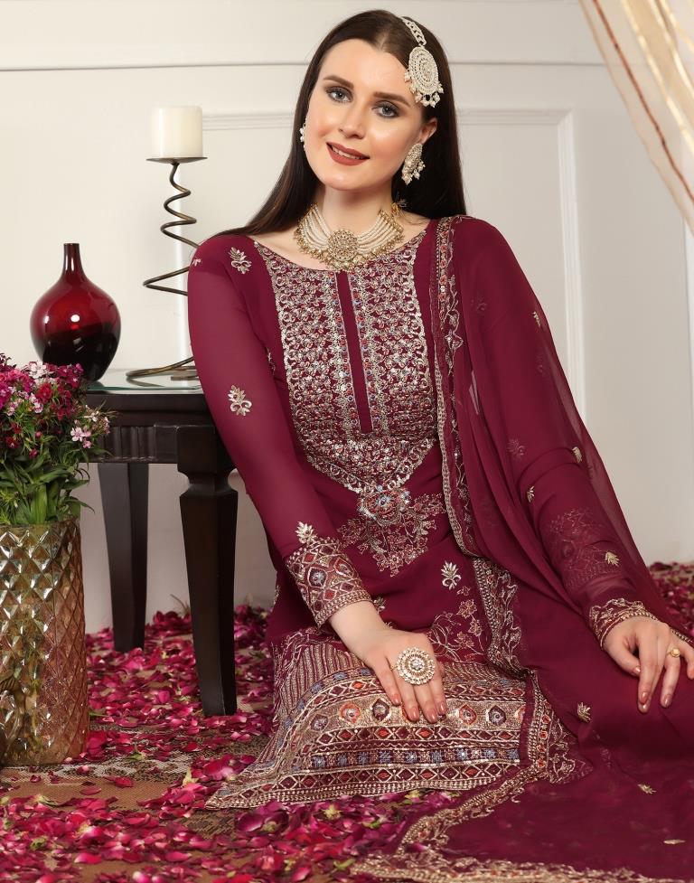 Maroon Plain Georgette Unstitched Salwar Suit Material