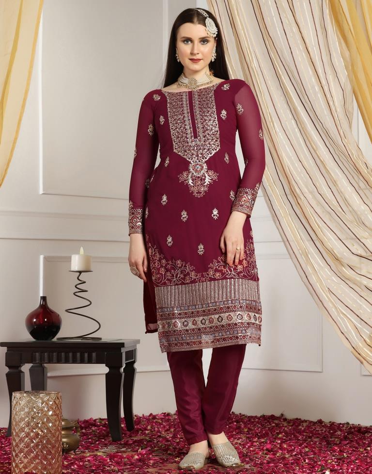 Maroon Plain Georgette Unstitched Salwar Suit Material