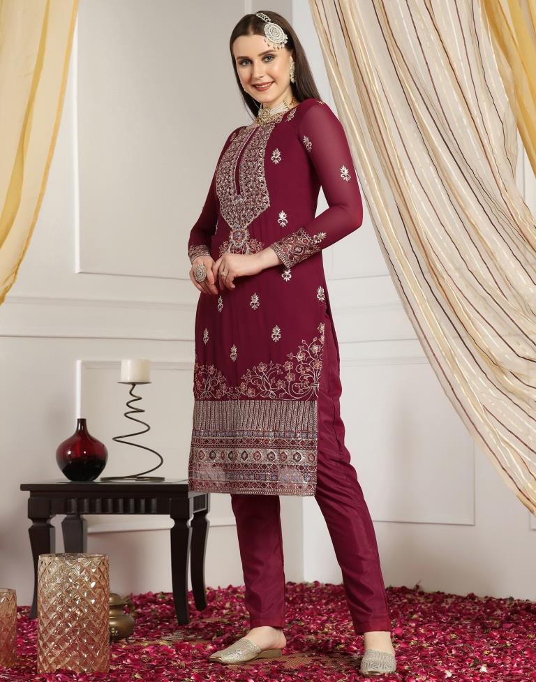 Maroon Plain Georgette Unstitched Salwar Suit Material