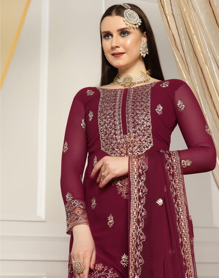 Maroon Plain Georgette Unstitched Salwar Suit Material