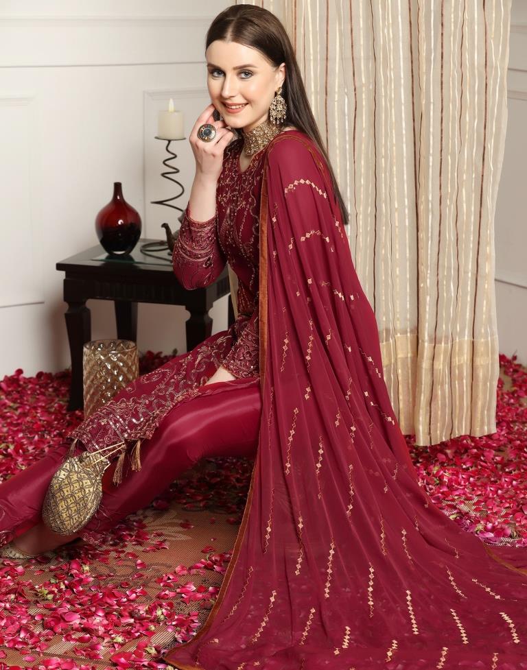 Maroon Plain Georgette Unstitched Salwar Suit Material