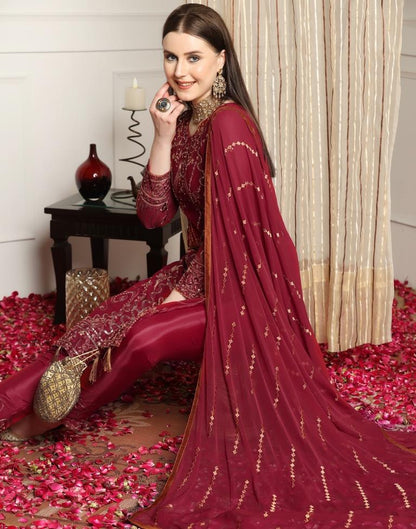 Maroon Plain Georgette Unstitched Salwar Suit Material