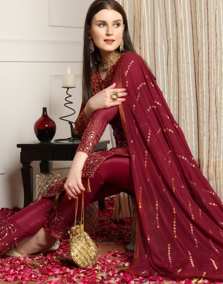 Maroon Plain Georgette Unstitched Salwar Suit Material