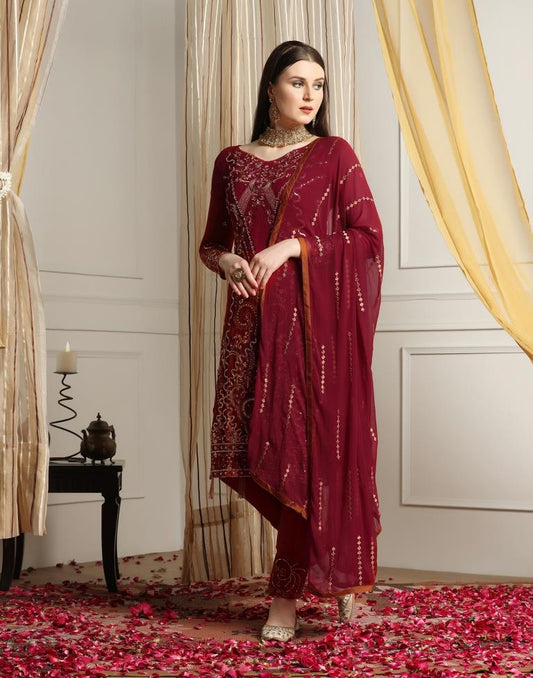 Maroon Plain Georgette Unstitched Salwar Suit Material