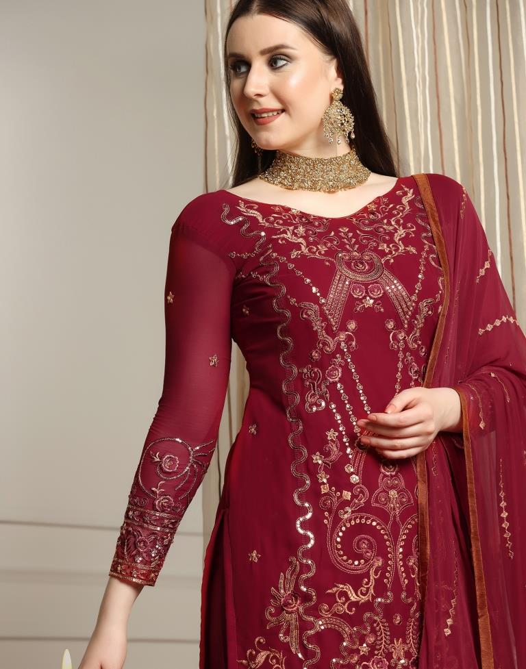 Maroon Plain Georgette Unstitched Salwar Suit Material