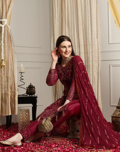 Maroon Plain Georgette Unstitched Salwar Suit Material