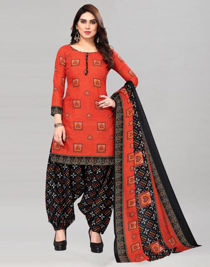 Orange Printed Cotton Unstitched Salwar Suit Material