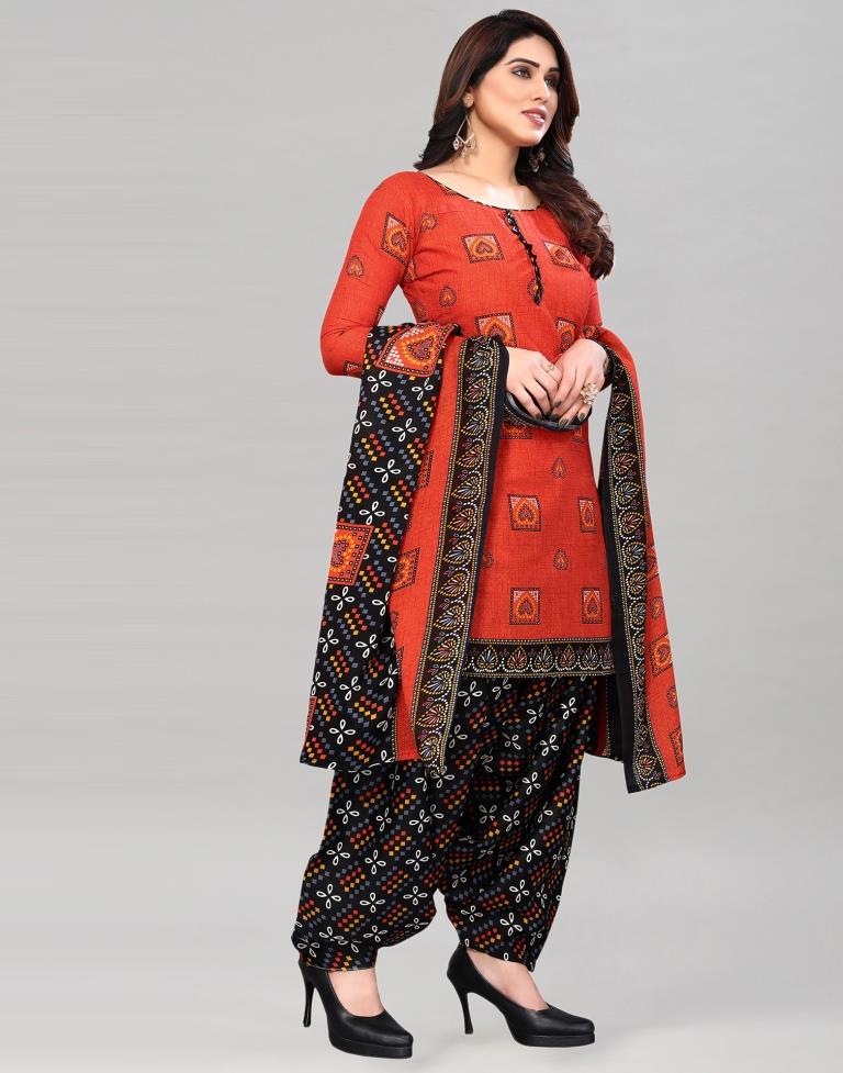 Orange Printed Cotton Unstitched Salwar Suit Material