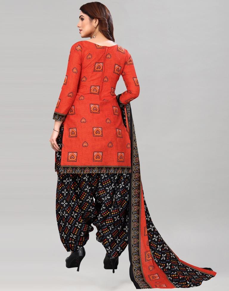 Orange Printed Cotton Unstitched Salwar Suit Material