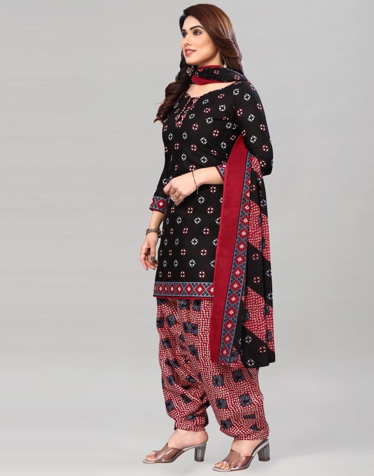 Black Printed Cotton Unstitched Salwar Suit Material