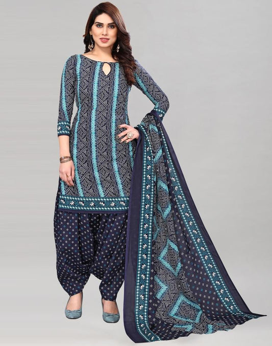 Navy Blue Printed Cotton Unstitched Salwar Suit Material