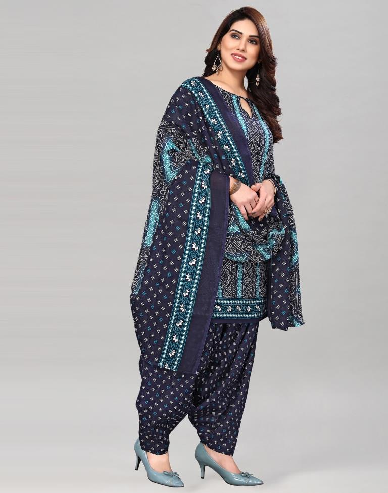 Navy Blue Printed Cotton Unstitched Salwar Suit Material