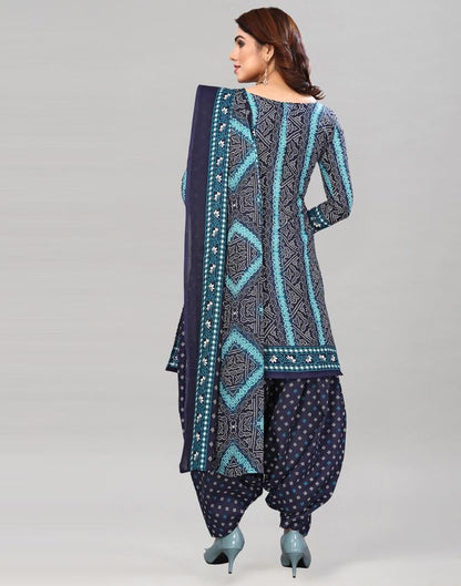 Navy Blue Printed Cotton Unstitched Salwar Suit Material