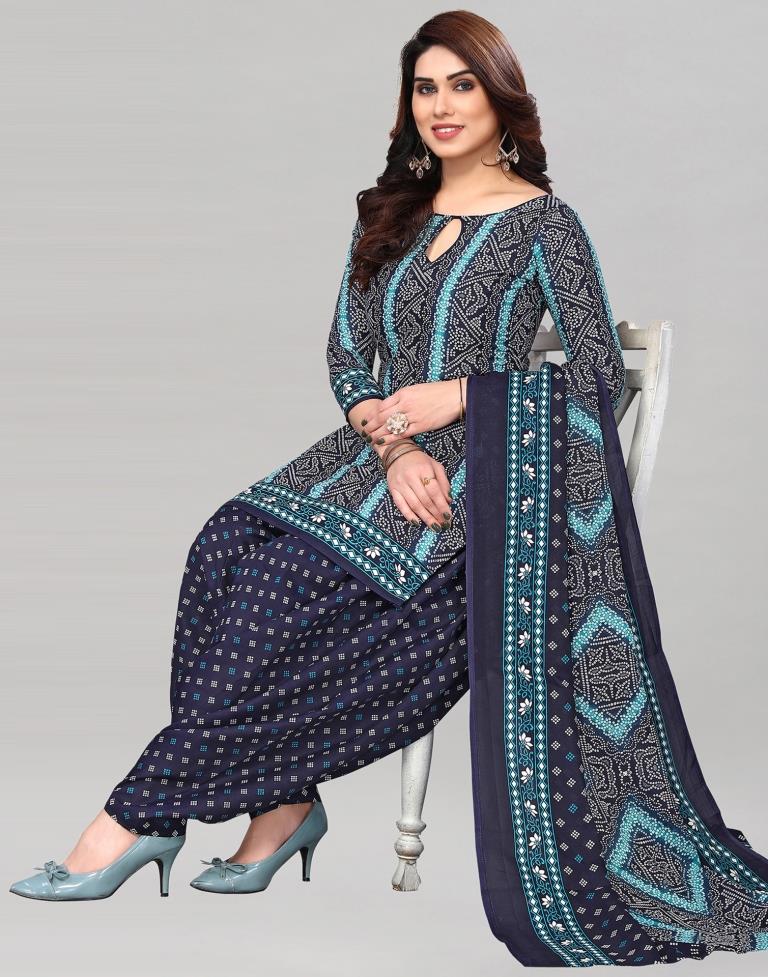 Navy Blue Printed Cotton Unstitched Salwar Suit Material