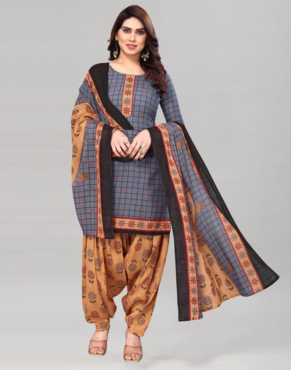 Grey Printed Cotton Unstitched Salwar Suit Material