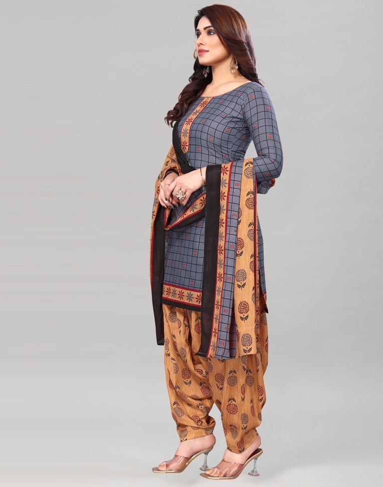 Grey Printed Cotton Unstitched Salwar Suit Material