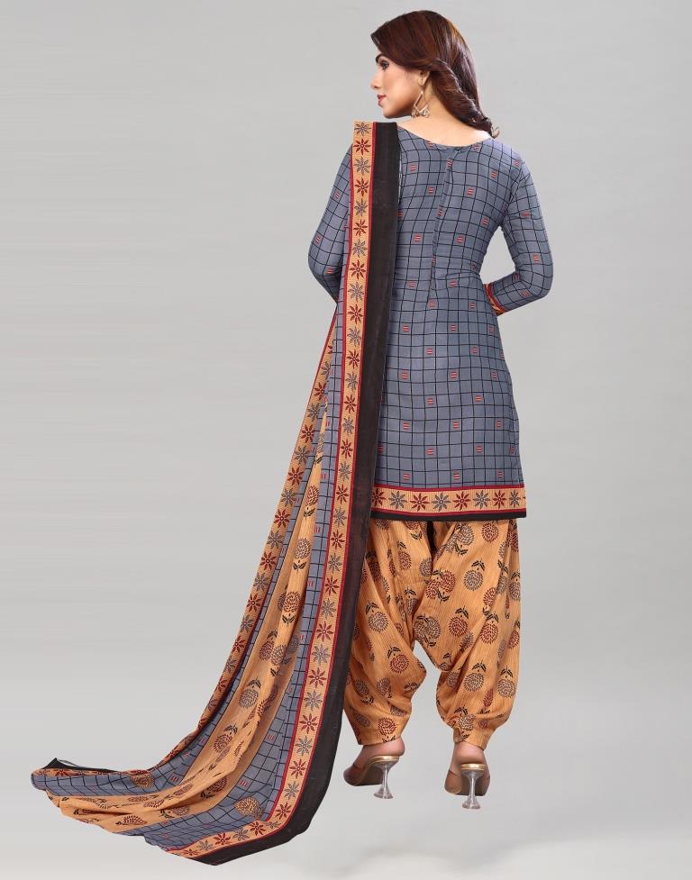 Grey Printed Cotton Unstitched Salwar Suit Material