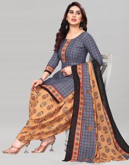 Grey Printed Cotton Unstitched Salwar Suit Material