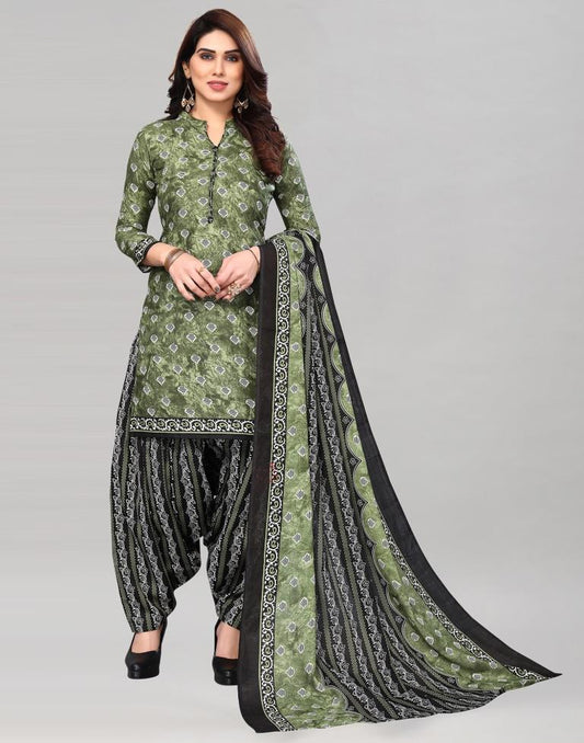 Mehndi Green Printed Cotton Unstitched Salwar Suit Material