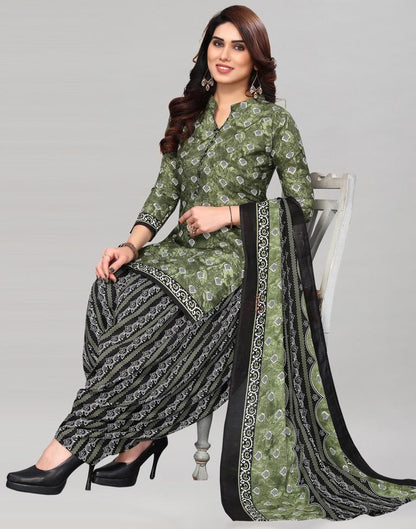 Mehndi Green Printed Cotton Unstitched Salwar Suit Material