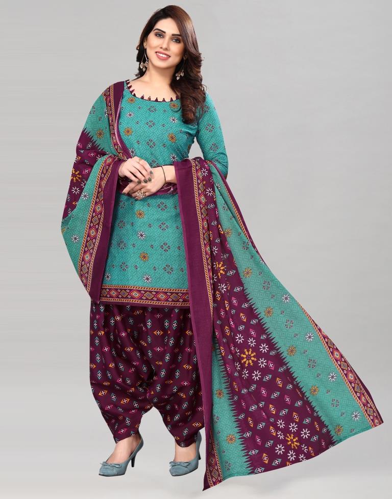 Turquoise Green Printed Cotton Unstitched Salwar Suit Material