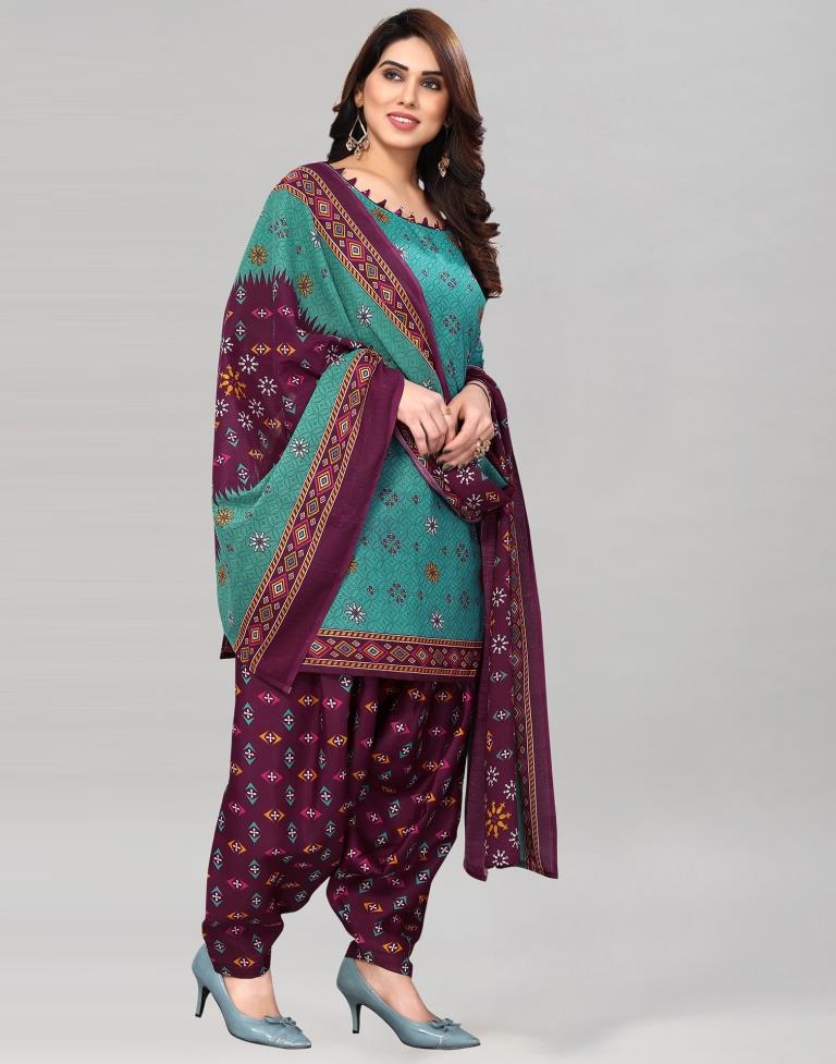 Turquoise Green Printed Cotton Unstitched Salwar Suit Material