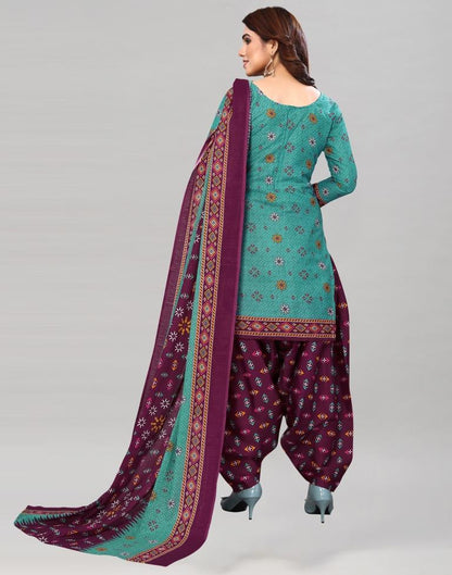 Turquoise Green Printed Cotton Unstitched Salwar Suit Material