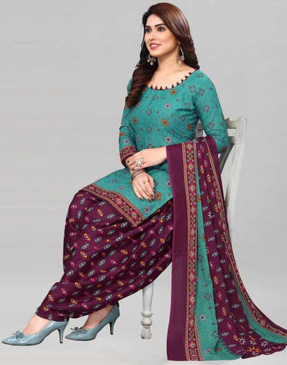 Turquoise Green Printed Cotton Unstitched Salwar Suit Material